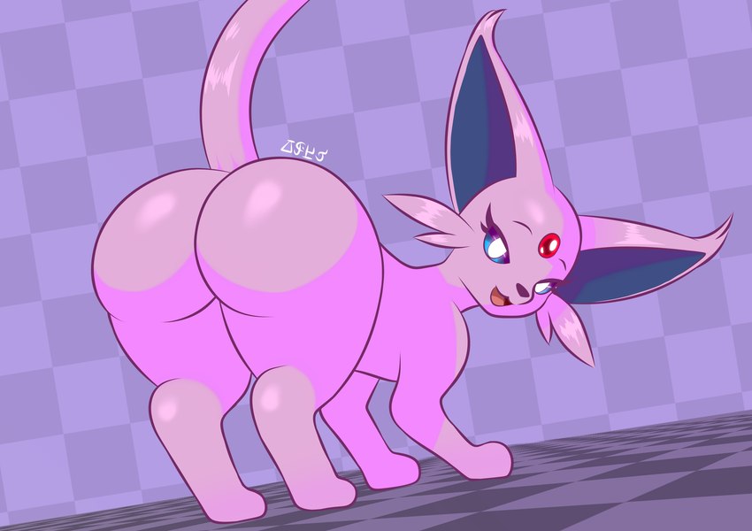 big_butt blue_eyes blue_sclera butt female feral fur looking_at_viewer looking_back naughty_face open_mouth pink_body pink_fur presenting presenting_hindquarters pupils raised_tail rear_view simple_background smile solo standing tail thick_thighs white_pupils wide_hips jose-497 nintendo pokemon eeveelution espeon generation_2_pokemon pokemon_(species) 2023 digital_media_(artwork) hi_res signature