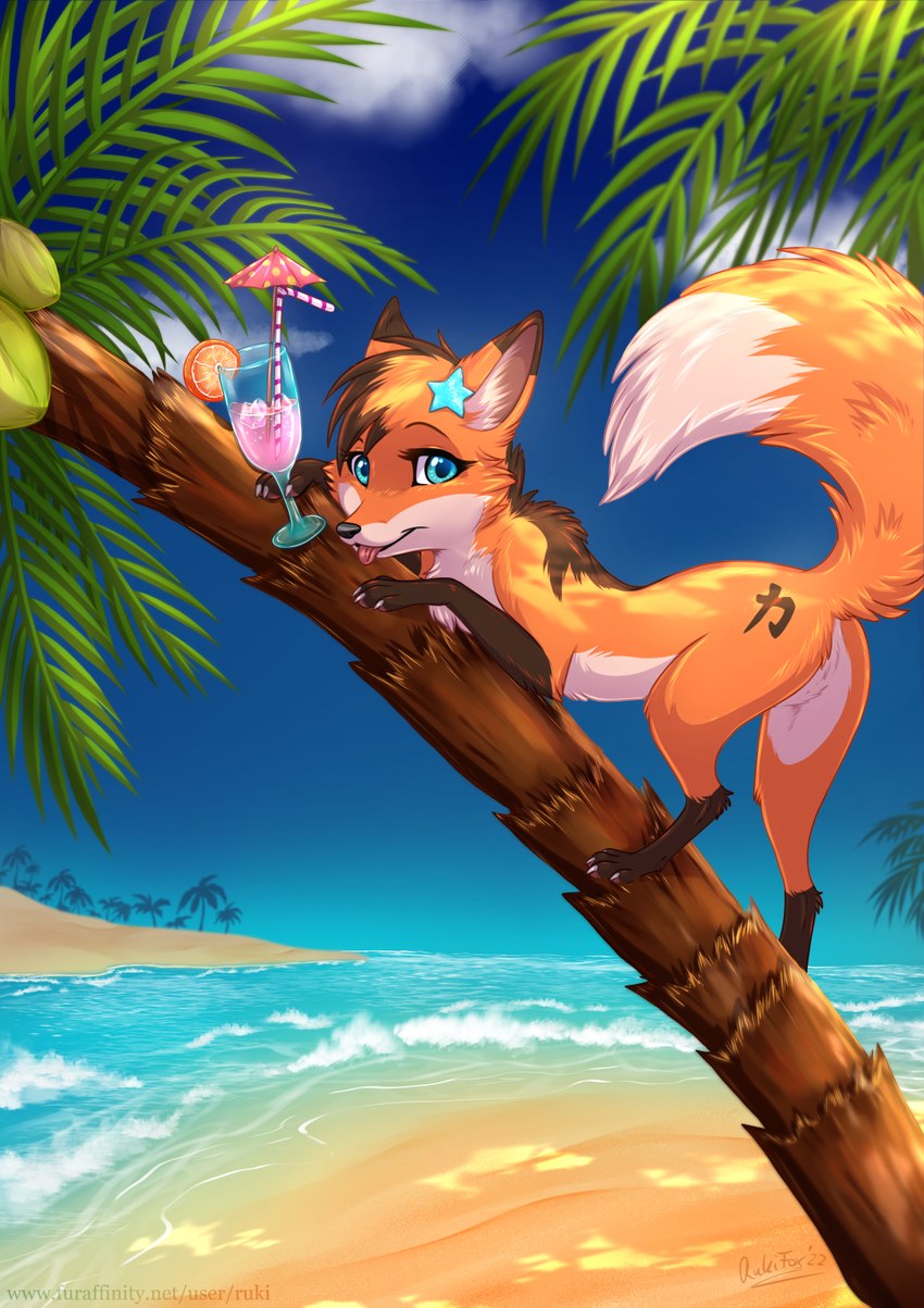 beach beverage featureless_crotch female feral fur orange_body orange_fur palm_tree plant seaside solo tongue tongue_out tree water rukifox yumi_(yatofox) canid canine fox mammal hi_res