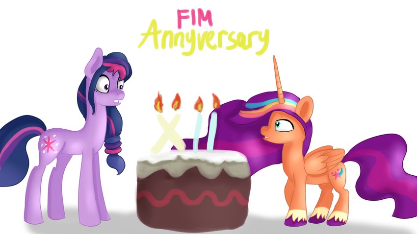 alternate_hairstyle cake candle dessert duo female fetlocks food horn role_reversal shocked simple_background text white_background wings jbond friendship_is_magic hasbro mlp_g5 my_little_pony mythology race_swap_(mlp) sunny_starscout_(mlp) twilight_sparkle_(mlp) earth_pony equid equine horse mammal mythological_creature mythological_equine pony winged_unicorn 16:9 hi_res widescreen