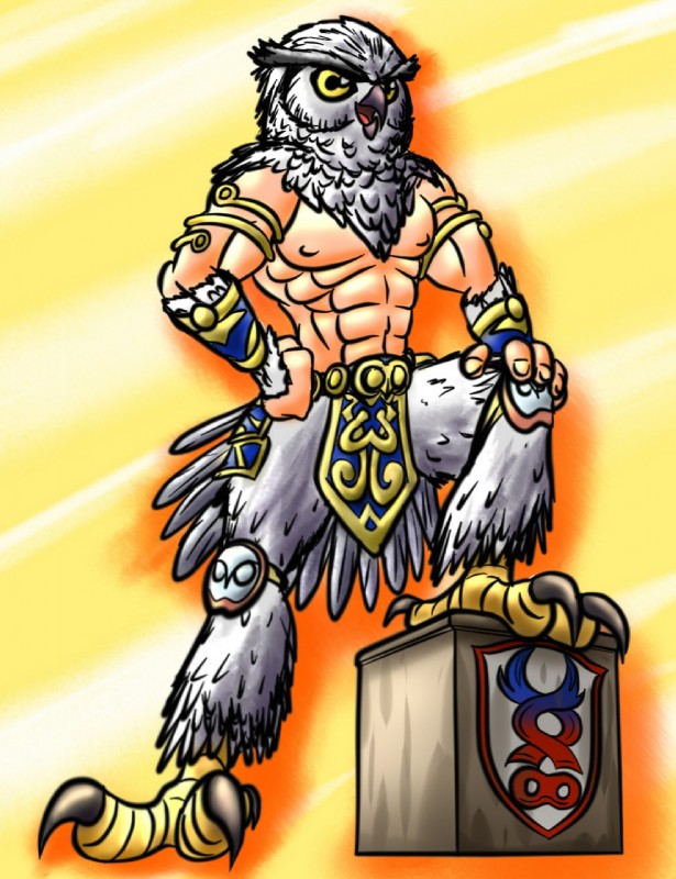 anthro armor beak bottomwear box clothed clothing container feathers feet loincloth male muscular muscular_anthro muscular_male solo talons toes topless white_body white_feathers yellow_eyes bassybefuddle conditional_dnp bandai_namco soul_calibur olcadan animal_humanoid avian avian_humanoid bird humanoid owl hi_res