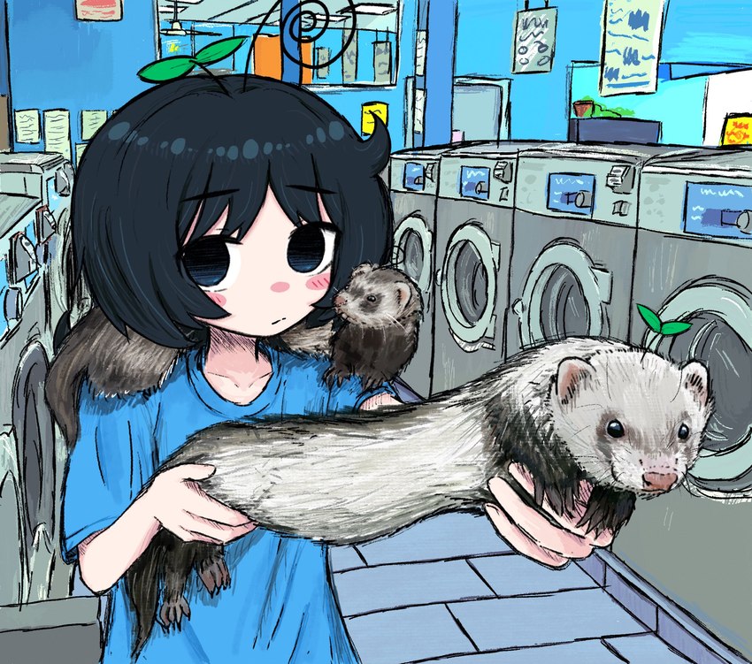 ambiguous_gender appliance clothed clothing daww displacement female feral group holding_animal laundry_machine trio washing_machine what bubbacterial domestic_ferret human mammal mustelid musteline true_musteline weasel hi_res