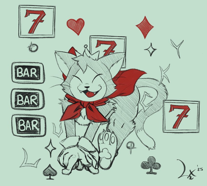 ambiguous_gender anthro cape chest_tuft clothing clubs_(suit) countershade_face countershading crown cute_fangs diamonds_(suit) dipstick_tail eyes_closed fangs gloves handwear headgear heart_symbol markings open_mouth pawpads selective_coloring simple_background solo spades_(suit) suit_symbol tail tail_markings teeth text tongue tuft whiskers salaciouslx final_fantasy final_fantasy_vii square_enix cait_sith_(ff7) domestic_cat felid feline felis mammal tuxedo_cat 2025 english_text hi_res signature sketch