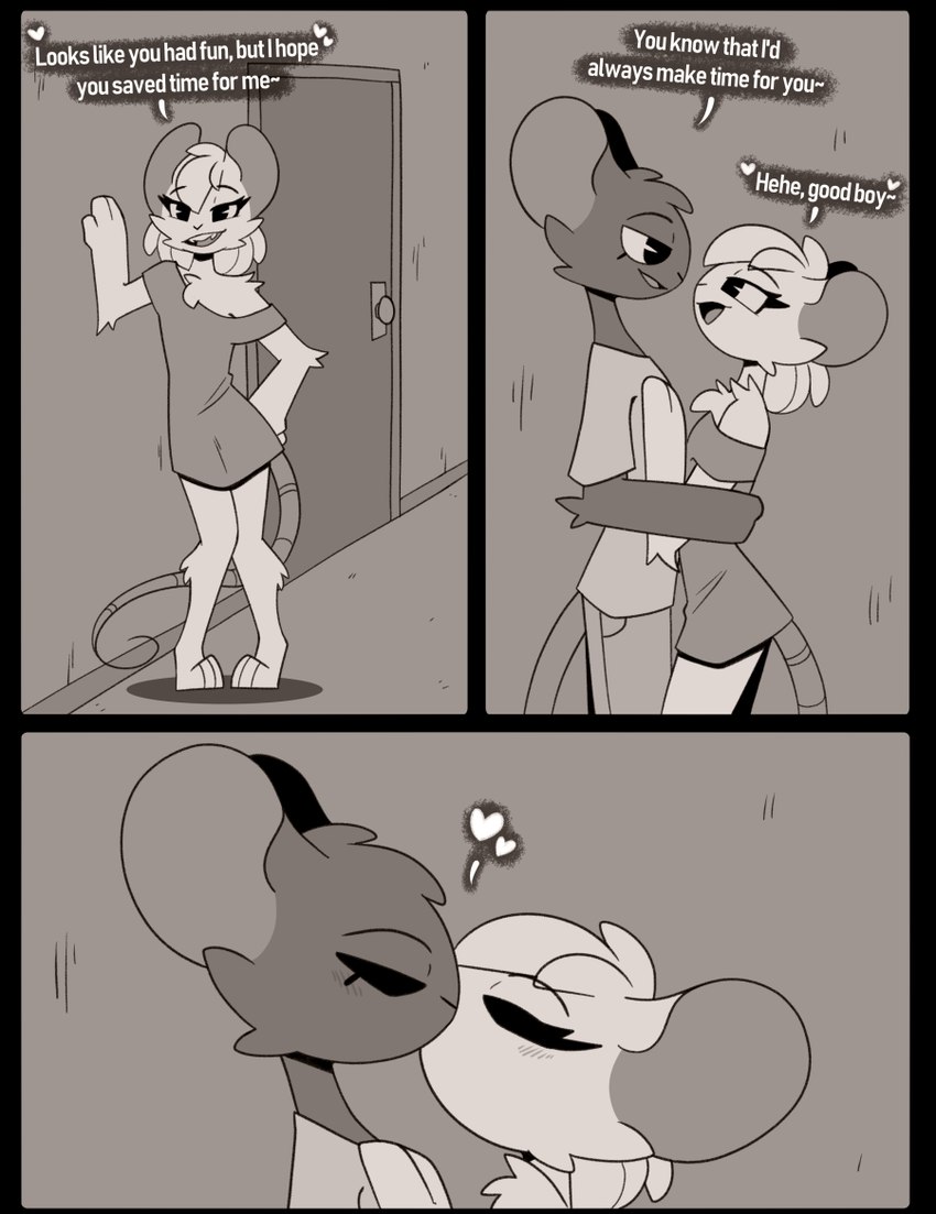 ambiguous_gender anthro clothing dialogue duo femboy good_boy heart_symbol hug inside kissing male male/ambiguous smile whygena jasper_(whygena) reggie_(whygena) mammal murid murine rat rodent comic greyscale monochrome