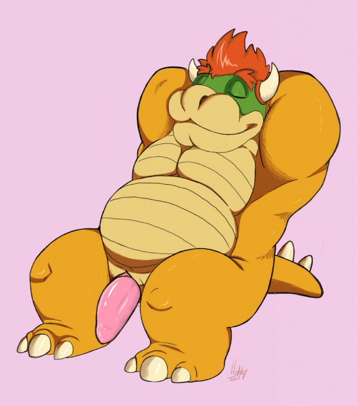 2_horns animal_genitalia anthro erection eyes_closed genital_slit genitals hair horn male musclegut muscular nude penis red_hair simple_background slightly_chubby smile solo hehky mario_bros nintendo bowser koopa scalie hi_res signature