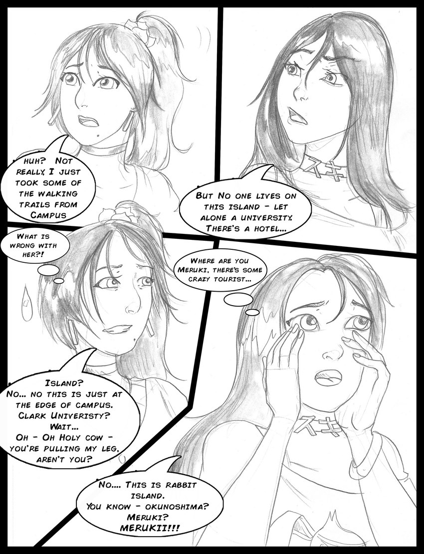 anthro bodily_fluids breasts choker clothed clothing dialogue duo female hair human_only jewelry markings mole_(marking) necklace not_furry open_mouth sweat sweatdrop text arania the_cabin_in_the_woods_(arania) eveleen_(tcitw) suki_(tcitw) human mammal 2023 comic english_text hi_res monochrome