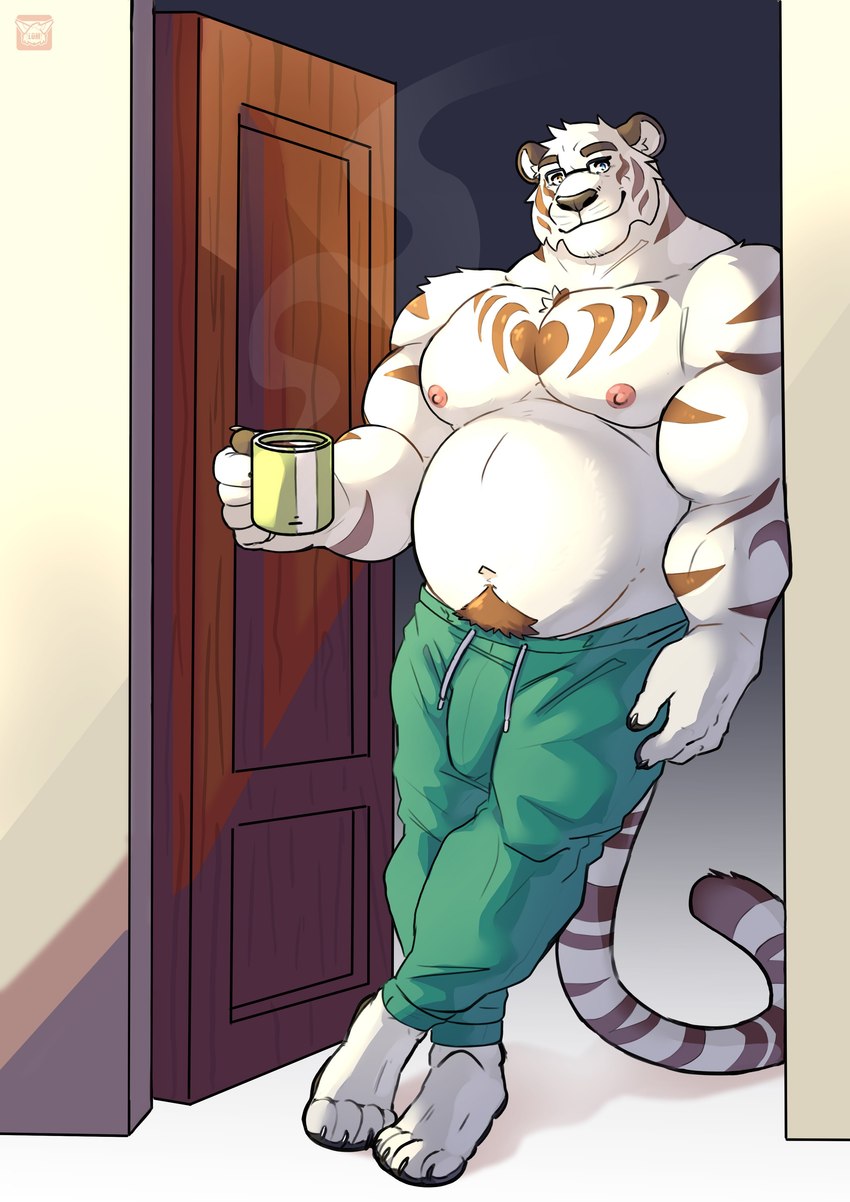 anthro belly biceps biped bottomwear bulge clothed clothing coffee_mug crossed_legs deltoids detailed_bulge door doorway drawstring eyewear genital_outline glasses green_bottomwear green_clothing green_pants heart_symbol heterochromia in_doorway inside leaning looking_at_viewer male male_anthro manly musclegut muscular navel nipples pants pants_only pecs penis_outline pubes slightly_chubby smile smiling_at_viewer solo steam sweatpants topless triceps lomlynx felid mammal pantherine tiger 2024 absurd_res hi_res