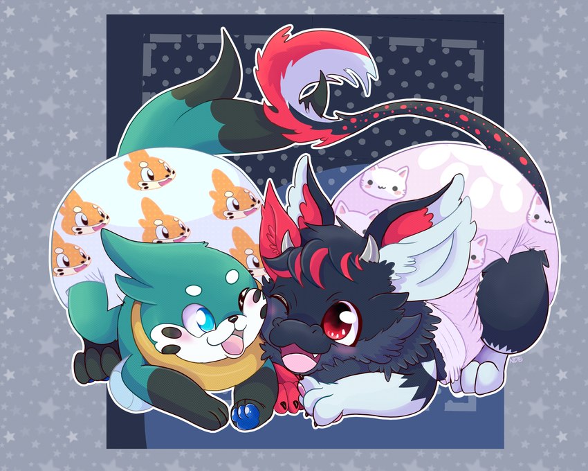 2_tails big_diaper clothed clothing diaper duo feathered_wings feathers feral fur hair male male/male multi_tail multicolored_body multicolored_fur multicolored_hair multicolored_wings pawpads paws snout tail wearing_diaper wings nid15 mythology nintendo pokemon mokata_(buizel) sparky_(eeveekyu) angel_dragon buizel domestic_cat dragon felid feline felis generation_4_pokemon hybrid mammal mythological_creature mythological_scalie pokemon_(species) scalie 5:4 absurd_res hi_res