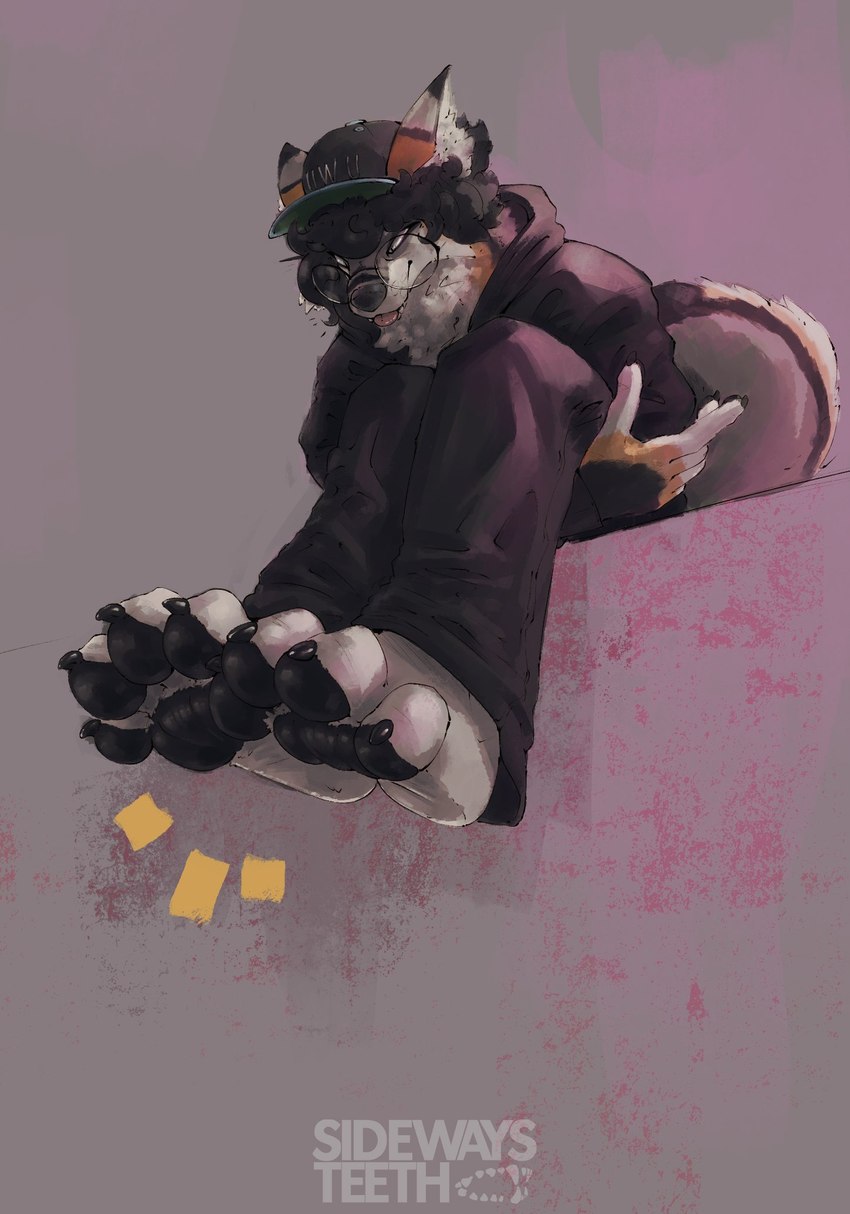 4_toes 5_fingers anthro barefoot black_hair black_pawpads claws clothing eyewear feet fingers glasses hair hat headgear headwear male pawpads paws sitting smile soles solo toe_claws toes tongue tongue_out schizy canid canine mammal hi_res