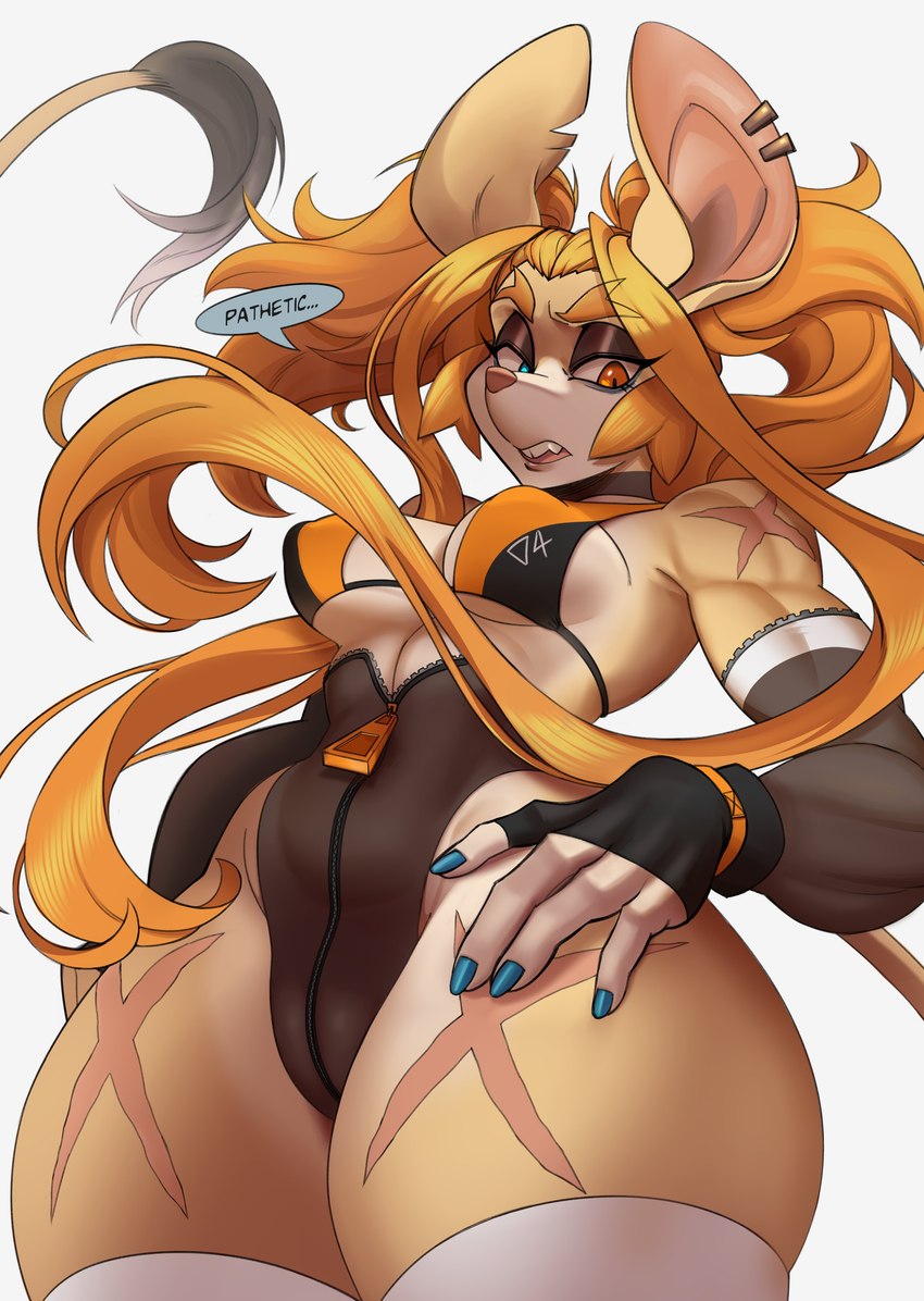 anthro big_ears blonde_hair bra clothing ear_piercing eyeshadow female hair heterochromia legwear looking_at_viewer makeup muscular muscular_anthro muscular_female piercing scar solo stockings thick_thighs underwear cat_o_9tails pathetic_(meme) aeryn_(kerberos) mammal rodent absurd_res hi_res meme