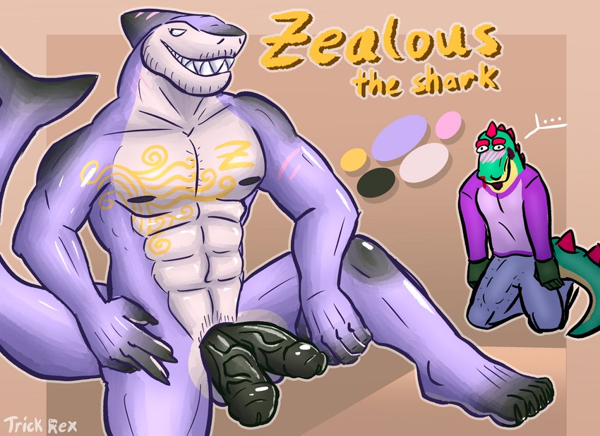 2_penises abs anthro arm_on_leg balls biceps black_penis black_tail black_toes chest_tattoo claws duo fin genitals male male/male multi_genitalia multi_penis nipples pecs penis purple_body purple_skin raglan_shirt raised_leg sharp_teeth simple_background standing tail tail_fin tattoo teeth text toe_claws trick_rex truth_gator_(character) zealous_shark_(character) fish marine shark absurd_res hi_res