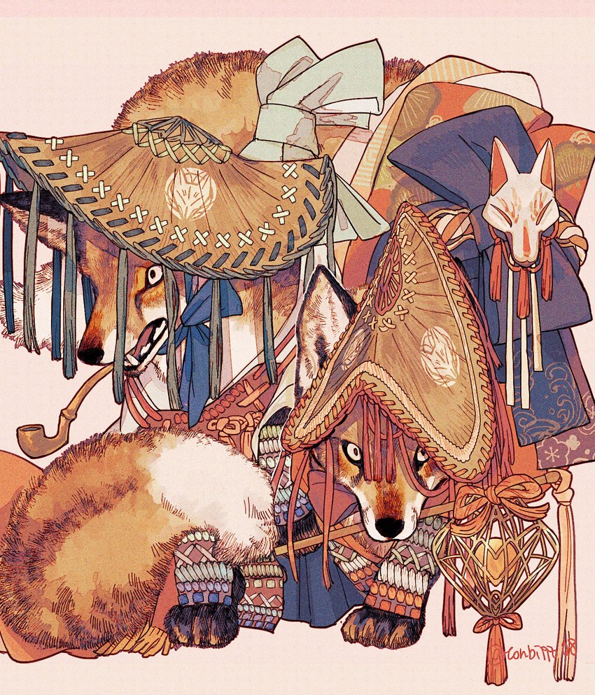 ambiguous_gender animal_mask asian_clothing clothing duo east_asian_clothing feral fox_mask hat headgear headwear japanese_clothing mask pipe text tonbippo08 asian_mythology east_asian_mythology japanese_mythology mythology canid canine fox mammal red_fox true_fox 2024 digital_media_(artwork) english_text hi_res