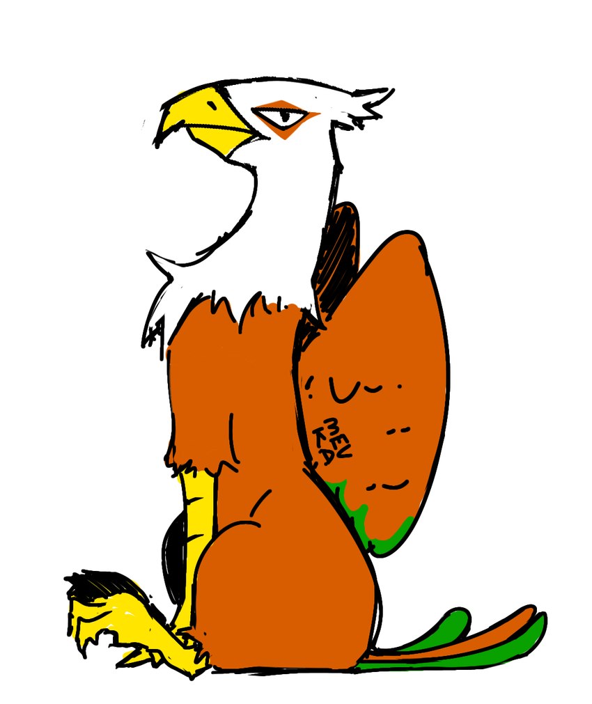 ambiguous_gender brown_body brown_feathers feathers feral sitting sitting_on_ground solo white_body white_feathers mevka_(artist) mythology avian gryphon mythological_avian mythological_bird mythological_creature hi_res