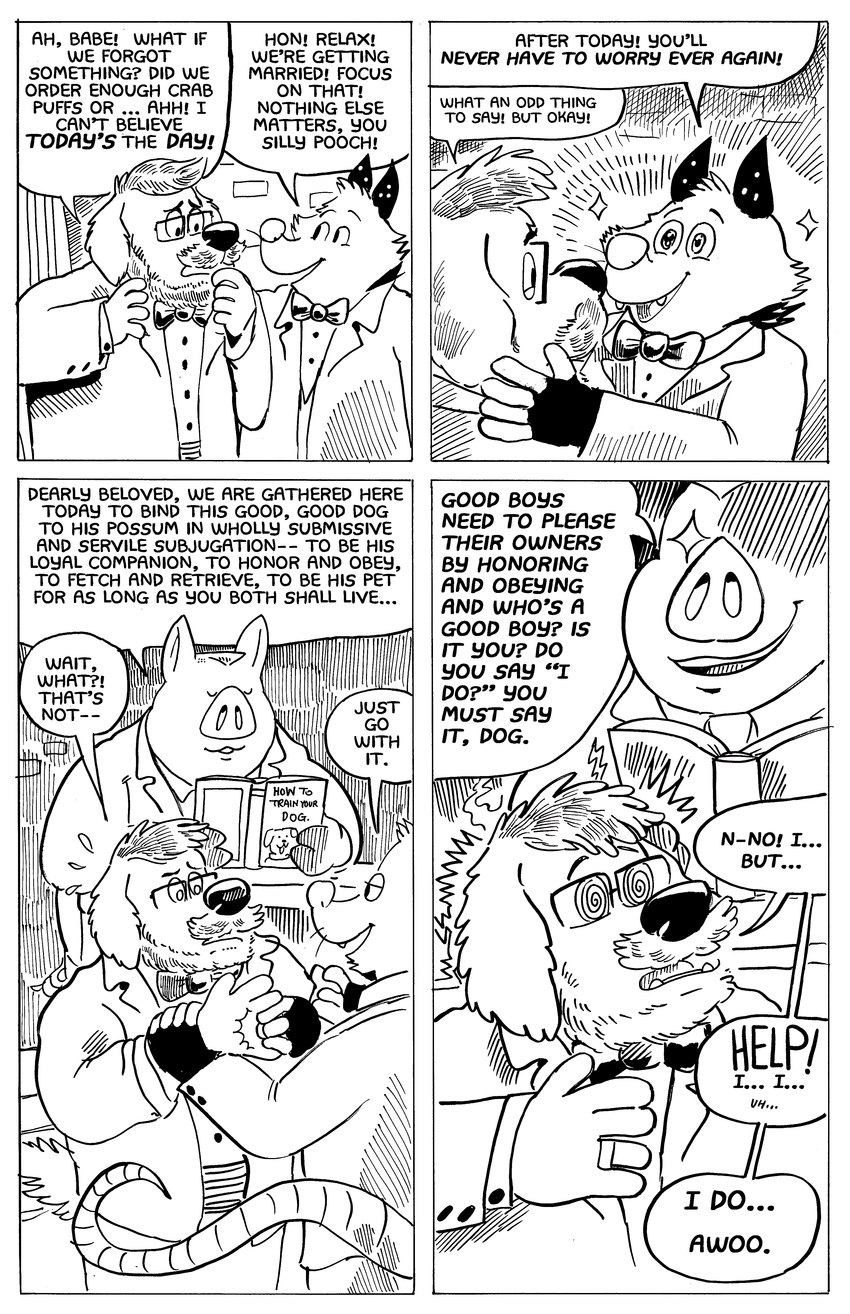 anthro anthro_on_anthro beard dialogue digit_ring evil_grin facial_hair good_boy group hypnosis jewelry male male/male mind_control mustache obedient ring smile speech_bubble spiral_eyes submissive submissive_male suits text tricked trio wedding wedding_ring billy_fore bunraku kon_shearo american_opossum bird_dog canid canine canis domestic_dog domestic_pig golden_retriever hunting_dog mammal marsupial retriever suid suine sus_(pig) absurd_res comic english_text hi_res