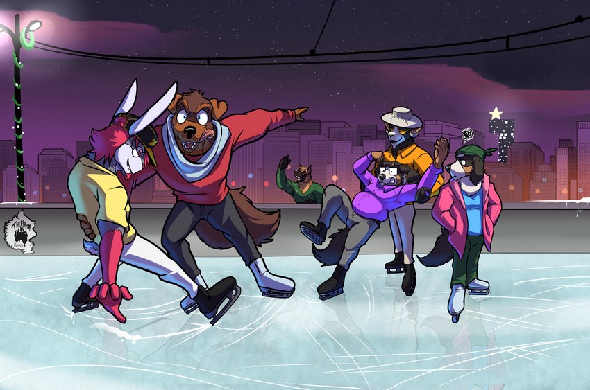 anthro christmas_decorations city city_background clothing hat headgear headwear holding_partner ice ice_skating ice_skating_rink male male/male male_anthro night size_difference skating snow sunglasses_on_face winter thekinkybear greg_shepherd gunther_caxias jesse_bern_(thekbear) johnny_bunny logan_bern_(thekbear) oswald_eastwood_(thekbear) bernese_mountain_dog bovid canid canine canis caprine domestic_dog german_shepherd herding_dog lagomorph leporid mammal mastiff mixed_breed molosser mountain_dog pastoral_dog rabbit rottweiler sheep swiss_mountain_dog absurd_res hi_res