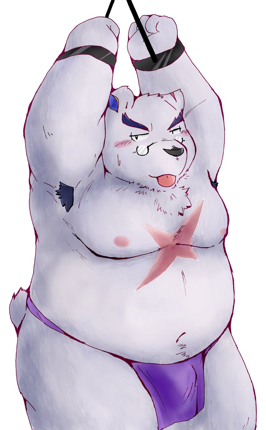 anthro armpit_hair asian_clothing belly blush body_hair clothing east_asian_clothing eyewear fundoshi glasses japanese_clothing kemono male moobs navel nipples overweight overweight_male purple_clothing purple_fundoshi purple_underwear simple_background solo tongue tongue_out underwear white_background snow_utamaru bear mammal polar_bear ursine 2024 absurd_res hi_res