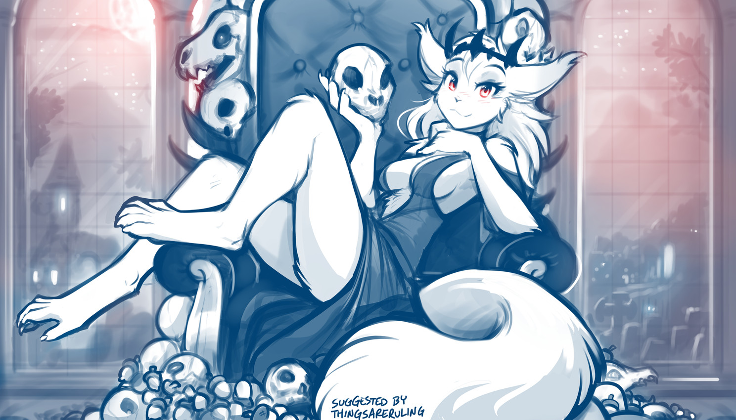 5_toes anthro anthrofied barefoot biped bone breasts chair claws cleavage clothed clothed_anthro clothed_female clothing crown digitigrade dress feet female finger_claws fingers fluffy fluffy_tail front_view fur furniture hair headgear holding_object holding_skull inside looking_at_viewer lounging medium_breasts moon night on_throne red_eyes side_boob sitting skimpy skimpy_dress skull sky smile solo star tail throne tiara toe_claws toes window conditional_dnp tom_fischbach twokinds mrs._nibbly mammal rodent sciurid tree_squirrel 2025 7:4 digital_drawing_(artwork) digital_media_(artwork) hi_res monochrome sketch spot_color