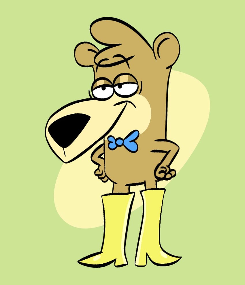 black_nose boots bow_tie brown_body brown_hair clothing footwear green_background hair half-closed_eyes long_boots male narrowed_eyes shoes simple_background smile solo essnstuffs hanna-barbera jellystone_(hbo_max) yogi_bear boo-boo_bear bear mammal