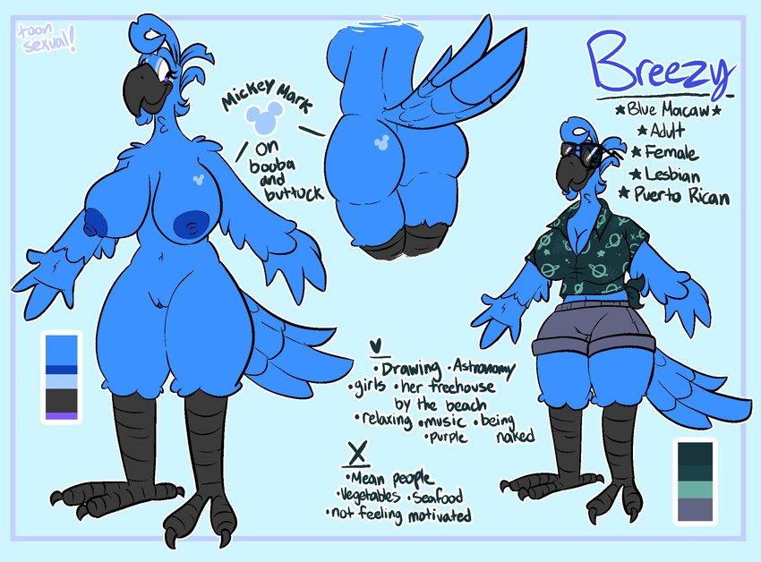 anthro areola avian_feet beak big_breasts big_butt blue_body breasts butt clitoris feathers female genitals mickey_mouse_symbol nipples non-mammal_breasts solo tail tail_feathers text thick_thighs toony toonsexual avian bird macaw neotropical_parrot parrot true_parrot english_text hi_res model_sheet