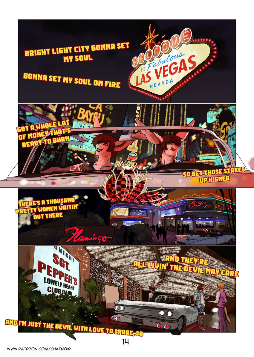 anthro car casino clothed clothing detailed_background duo fur googie_aesthetic hair inside_car inside_vehicle las_vegas long_ears male music neon night open_mouth outside smile text vehicle chat_noir_(artist) sgt._pepper's_lonely_hearts_club_band adrian_donovan elvis_presley letho_donovan lagomorph leporid mammal rabbit comic digital_media_(artwork) english_text hi_res url brother_(lore) brothers_(lore) sibling_(lore) twins_(lore)