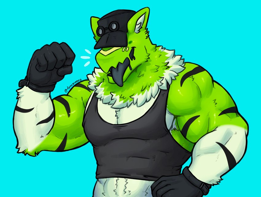 anthro armpit_hair body_hair clothing dark_clothing fur gloves green_body green_fur handwear hat headgear headwear male muscular muscular_male shirt solo stripes tank_top topwear white_body white_fur dynogreeno hybrid unknown_species hi_res