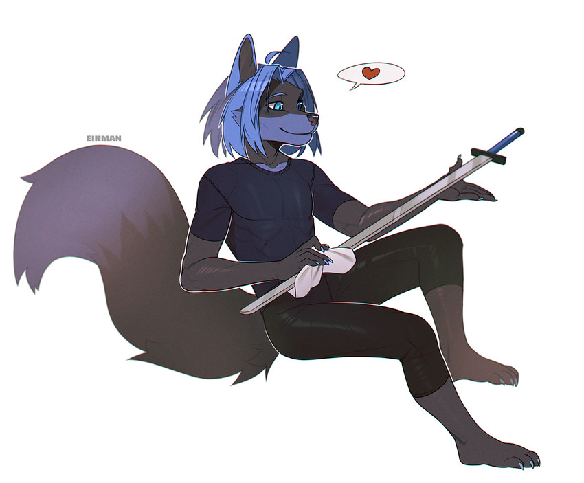 4_toes 5_fingers anthro black_body black_fur blue_eyes blue_hair clothed clothing feet fingers fur hair heart_symbol male simple_background sitting smile solo toes white_background eihman canid canine canis mammal wolf 2020 digital_media_(artwork)