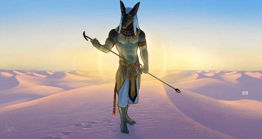 abs anthro desert dunes facial_hair feet goatee humanoid_feet humanoid_hands male nipples pecs plantigrade solo bgn egyptian_mythology middle_eastern_mythology mythology anubis anubian_jackal canid canine canis deity jackal mammal hi_res shaded soft_shading