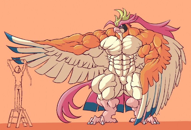 anthro anthrofied beak biceps big_biceps big_muscles black_body black_feathers black_markings blue_body blue_eyes blue_feathers blue_markings blush bottomwear claws clothed clothing duo eye_contact feathered_wings feathers feet front_view grey_claws huge_muscles hyper hyper_muscles larger_male light looking_at_another male manly markings multicolored_body multicolored_feathers muscular muscular_male naturally_censored nude obliques orange_background pants pecs pink_beak pink_body pink_feathers pokemorph pose pubes quads serratus shirt simple_background size_difference smaller_male solo_focus standing tail tail_feathers talons tan_body tan_feathers tan_pubes thick_neck toes topwear wings yellow_body yellow_feathers signirsol nintendo pokemon avian bird generation_6_pokemon human mammal mega_evolution mega_pidgeot pokemon_(species) colored digital_media_(artwork) orange_theme shaded