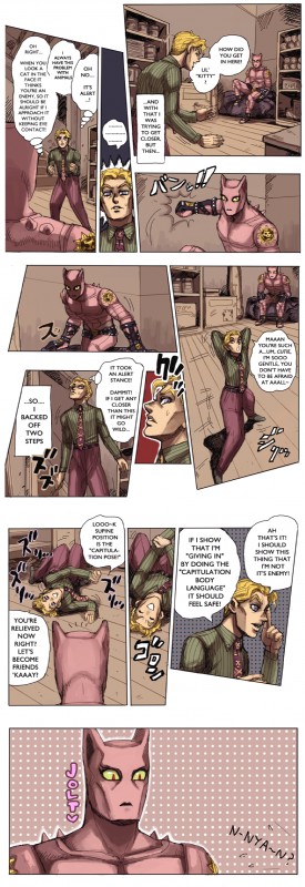 blonde_hair blue_eyes bodily_fluids clothed clothing duo hair heart_symbol male muscular nervous red_eyes sitting skimpy spikes standing sweat text emlan jojo's_bizarre_adventure killer_queen yoshikage_kira animal_humanoid cat_humanoid felid felid_humanoid feline feline_humanoid human humanoid mammal mammal_humanoid stand_(jjba) absurd_res comic english_text hi_res meme