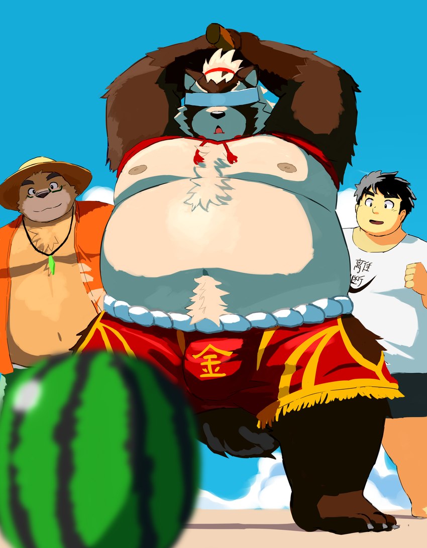 anthro belly big_belly blindfold bottomwear bulge clothing food fruit group hat headgear headwear kemono male melon moobs nipples open_mouth overweight overweight_male plant shirt shorts straw_hat swimwear topwear watermelon 9dtq0 lifewonders tokyo_afterschool_summoners chubby_protagonist_(tas) goemon_(tas) protagonist_(tas) volos_(tas) bear canid canine human mammal raccoon_dog tanuki 2024 absurd_res hi_res