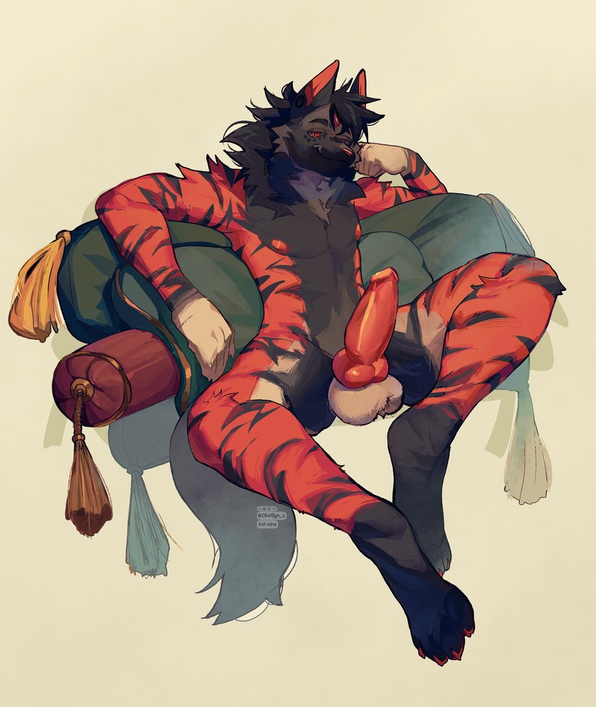 anthro balls big_penis biped claws erection eyebrows fingers fur genitals knot male paws penis pillow solo striped_body striped_fur stripes tail ketinha canid canine mammal absurd_res hi_res