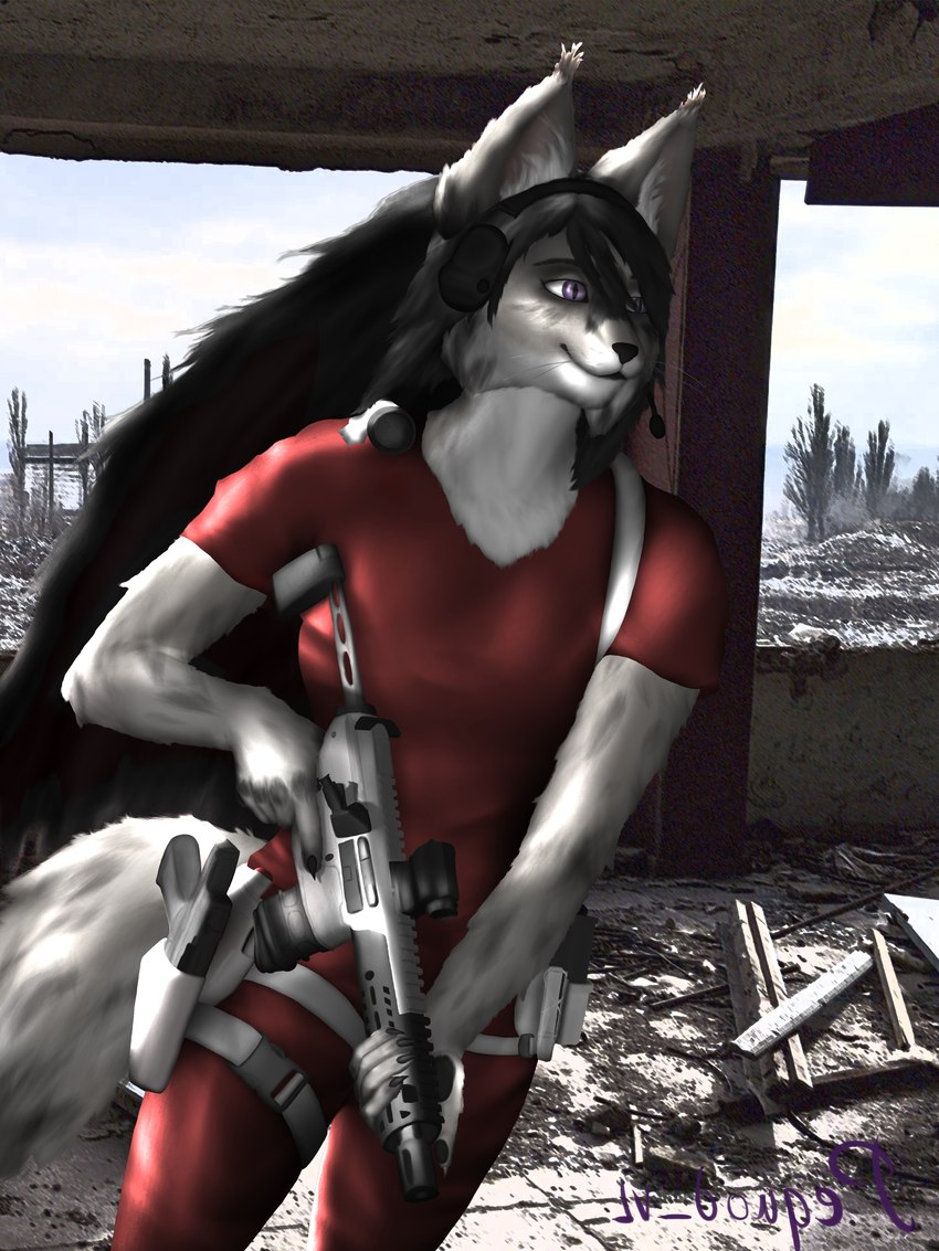 abandoned_building anthro assault_rifle black_hair bottomwear breasts clothing electronics female gun hair handgun headgear headphones headset holding_gun holding_object holding_ranged_weapon holding_weapon holster holstered_pistol long_hair long_tail military pistol purple_eyes ranged_weapon red_clothing red_shirt red_t-shirt red_topwear rifle rubble shirt solo t-shirt tail topwear track trigger_discipline weapon pequod_vl felid feline lynx mammal 3:4 absurd_res hi_res