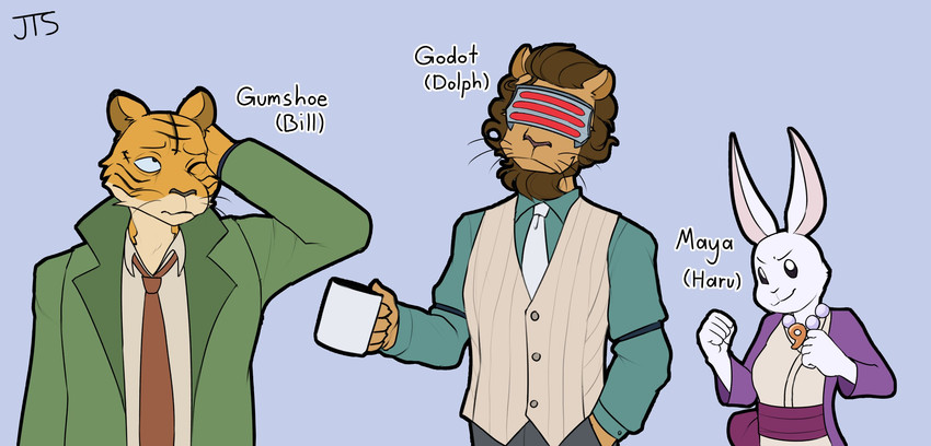 anthro clothed clothing cosplay countershading crossover_cosplay female group male parody jake_the_silent ace_attorney beastars capcom bill_(beastars) dick_gumshoe dolph_(beastars) godot_(ace_attorney) haru_(beastars) maya_fey bengal_tiger domestic_rabbit dwarf_rabbit felid lagomorph leporid lion mammal netherland_dwarf_rabbit oryctolagus pantherine rabbit tiger crossover hi_res