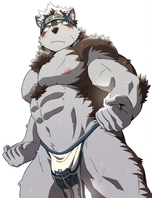 abs accessory anthro biceps bottomwear clothing fur headband loincloth male multicolored_body multicolored_fur muscular muscular_anthro muscular_male nipples pecs solo white_body white_fur diru11 lifewonders tokyo_afterschool_summoners horkeu_kamui_(tas) canid canine canis mammal wolf 2018