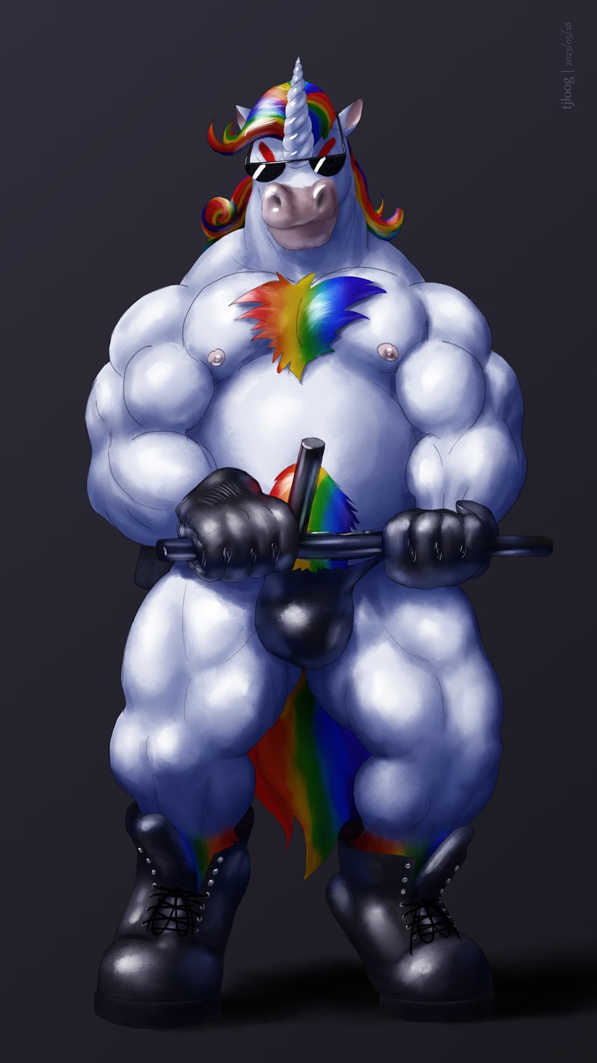 anthro baton belly belt biceps black_leather blue_lighting body_hair boots bouncer chest_tuft clothing club_(weapon) eyebrows eyewear footwear fur gloves grey_background handwear happy_trail holster horn leather leather_clothing leather_thong leather_underwear male mane melee_weapon multicolored_body multicolored_fur multicolored_mane multicolored_tail musclegut muscular nightstick nipples pecs pink_nipples rainbow_body rainbow_fur rainbow_mane rainbow_tail red_eyebrows security security_guard shoes simple_background solo sunglasses tail thong tuft underwear weapon white_body white_fur tjloog mythology glimmerstomp equid equine mammal mythological_creature mythological_equine unicorn 9:16 absurd_res hi_res