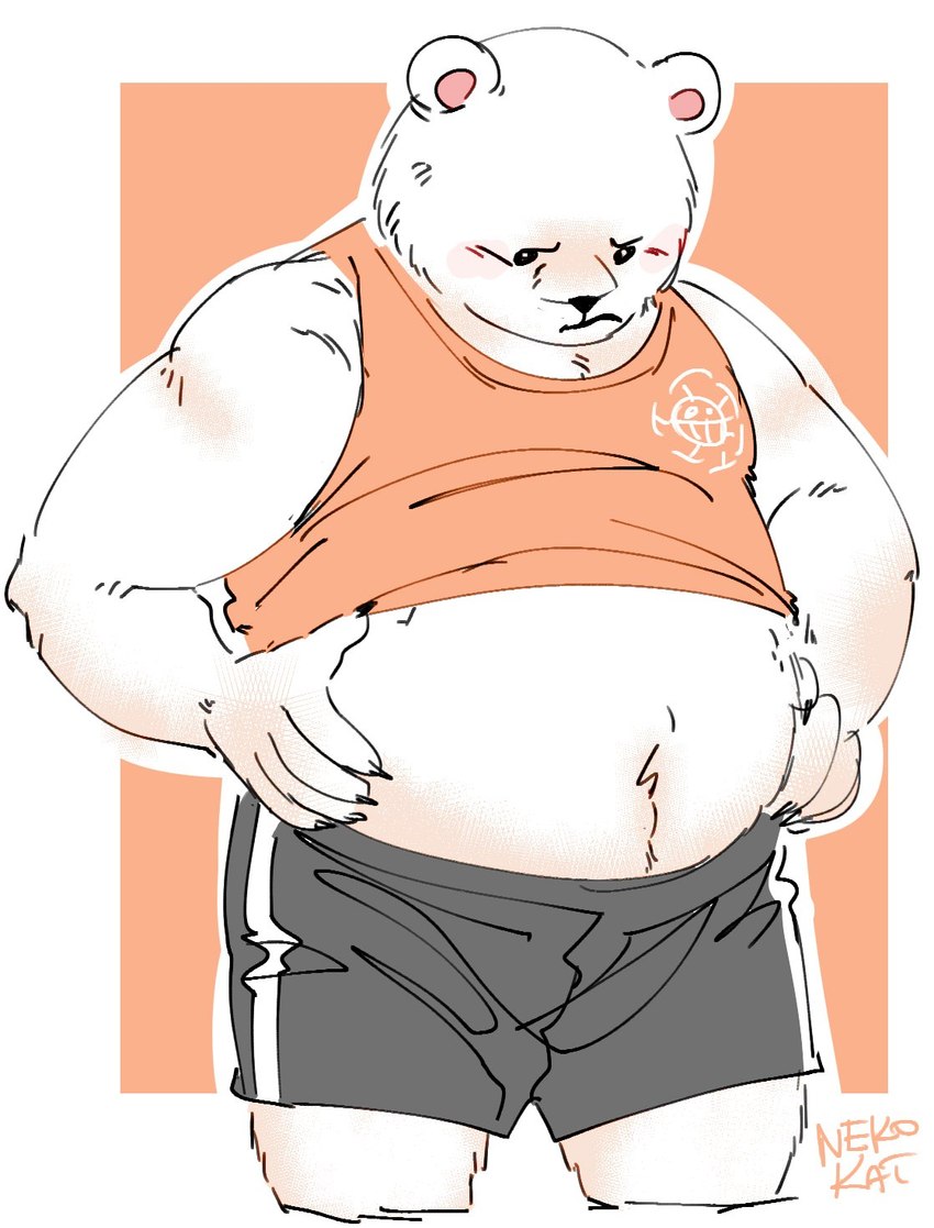 anthro belly big_belly black_nose blush bottomwear clothing fur humanoid_hands male overweight overweight_male shirt shorts simple_background solo topwear white_body white_fur nekokat42 one_piece bepo_(one_piece) bear mammal minkmen_(one_piece) polar_bear ursine 2023 hi_res