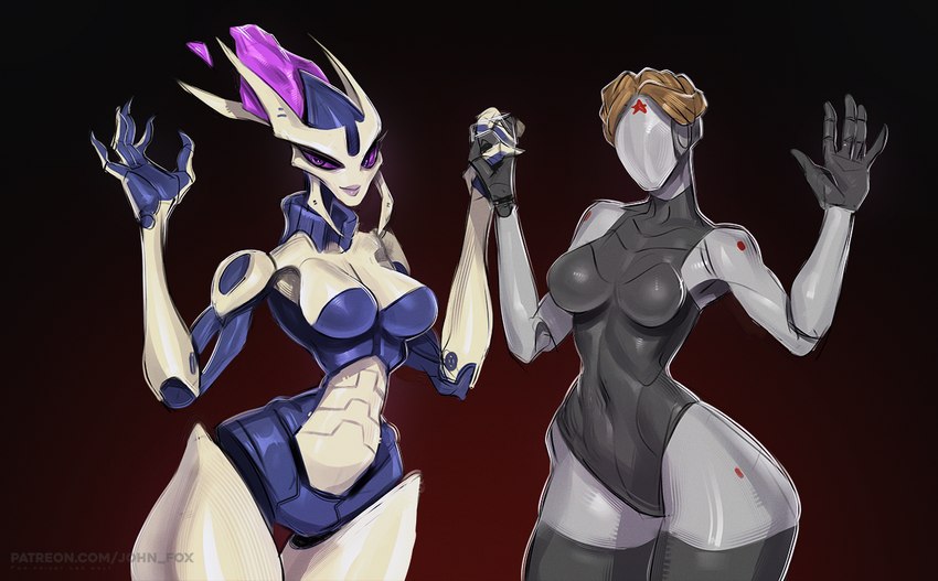 breasts curvy_figure duo featureless_breasts featureless_face female hand_holding hourglass_figure looking_at_viewer machine not_furry nude nude_female johnfoxart atomic_heart wildstar agent_voxine left_(atomic_heart) android humanoid mechari robot robot_humanoid featureless_(disambiguation) 2023 crossover