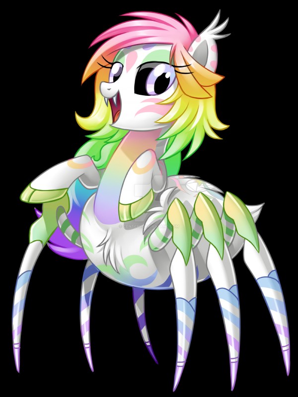 cutie_mark fangs female feral hair looking_at_viewer multicolored_hair pink_eyes rainbow_hair simple_background solo teeth centchi hasbro my_little_pony fan_character prism_heart arachnid arthropod equid equine horse hybrid mammal pony spider 2016 alpha_channel distracting_watermark hi_res watermark