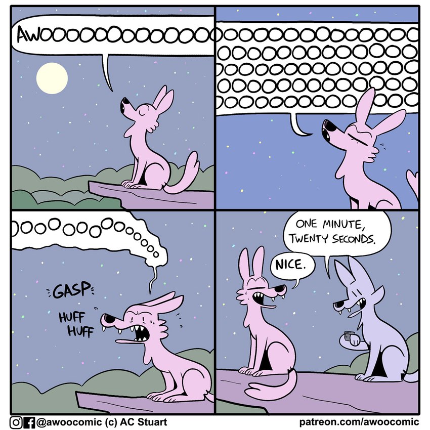 ambiguous_gender animal_noises awoo base_two_layout black_nose breath breathing_noises cliff clock dialogue different_sound_effects duo extended_sound_effect eyebrows eyes_closed fangs feral four_frame_grid four_frame_image fur gasp grid_layout howl moon night onomatopoeia open_mouth open_smile panting pink_body pink_fur pink_tail regular_grid_layout sitting sky smile sound_effect_variant sound_effects speech_bubble star starry_sky tail talking_to_another teeth text text_with_emanata two_row_layout watch wristwatch ac_stuart noob_the_loser awoo_(ac_stuart) kevin_(ac_stuart) pink_wolf_(ac_stuart) canid canine canis mammal wolf 1:1 comic english_text url male_(lore)