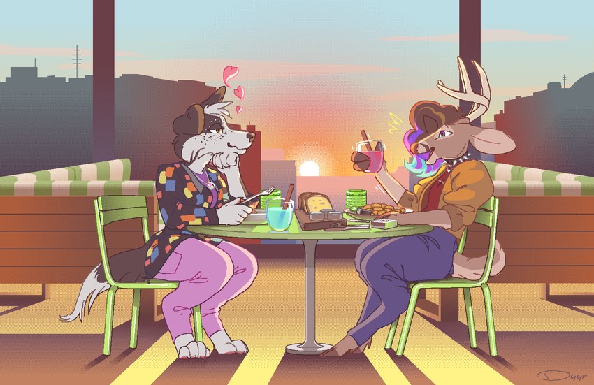 anthro antlers barefoot beverage black_collar black_nose blue_bottomwear blue_clothing blue_eyes blue_highlights blue_pants bottomwear bread breasts brown_hair brown_hooves brown_nose butter_knife chair clothed clothing collar cutlery date detailed_background digitigrade dinner dinner_date dinner_table drinking_straw duo eye_contact feet female food fork fully_clothed furniture hair half-closed_eyes head_tuft heart_symbol highlights_(coloring) hindpaw holding_beverage holding_fork holding_glass holding_object hooves horn inside jacket jewelry kitchen_knife kitchen_utensils knife looking_at_another male male/female multicolored_clothing multicolored_eyes multicolored_highlights multicolored_jacket multicolored_topwear narrowed_eyes necklace on_chair one_ear_up open_mouth pants paws pink_bottomwear pink_clothing pink_pants plate purple_clothing purple_eyes purple_highlights purple_shirt purple_topwear red_clothing red_shirt red_topwear romantic romantic_couple shirt sitting sitting_at_table sitting_on_chair sky smile smiling_at_another snout spiked_collar spikes sun sunset tail tools topwear tuft two_tone_eyes two_tone_highlights unguligrade white_antlers window yellow_clothing yellow_eyes yellow_jacket_(clothing) yellow_topwear dyyrlysh kristoffer_everglade border_collie canid canine canis collie deer domestic_dog herding_dog mammal new_world_deer pastoral_dog sheepdog white-tailed_deer 2025 aliasing aseprite_(artwork) digital_drawing_(artwork) digital_media_(artwork) dithering hi_res shaded trans_(lore) trans_woman_(lore)
