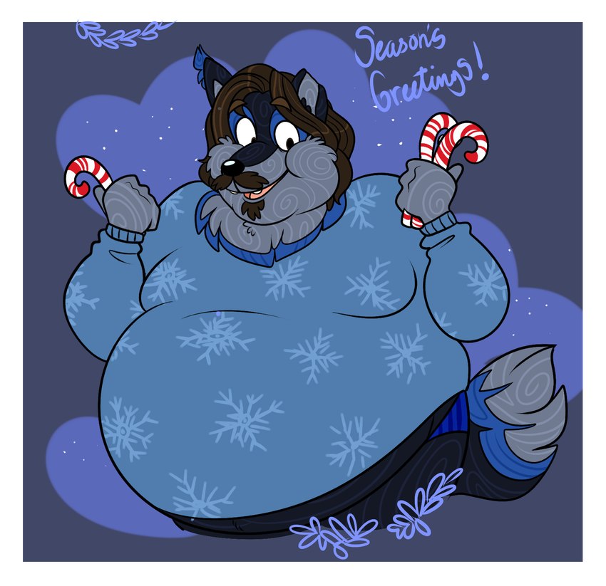 anthro belly big_belly black_eyes black_nose blue_body blue_clothing blue_fur blue_sweater blue_tail blue_topwear blue_underwear border brown_eyebrows brown_facial_hair brown_goatee brown_hair brown_mustache candy candy_cane christmas_clothing christmas_sweater christmas_topwear chubby_cheeks clothed clothing dessert dipstick_tail eyebrows facial_hair fangs food fully_clothed fur goatee grey_body grey_fur grey_inner_ear grey_tail_tip hair heart_symbol holding_candy_cane holidays male male_anthro markings multicolored_body multicolored_fur multicolored_tail mustache notched_ear obese obese_anthro obese_male open_mouth open_smile overweight overweight_anthro overweight_male pink_tongue simple_background smile solo sweater tail tail_markings teeth text tongue topwear underwear white_border beastofeuthanasia christmas james_"ashley"_potter_jr. canid canine canis mammal wolf 2019 digital_drawing_(artwork) digital_media_(artwork) english_description english_text flat_colors hi_res portrait three-quarter_portrait