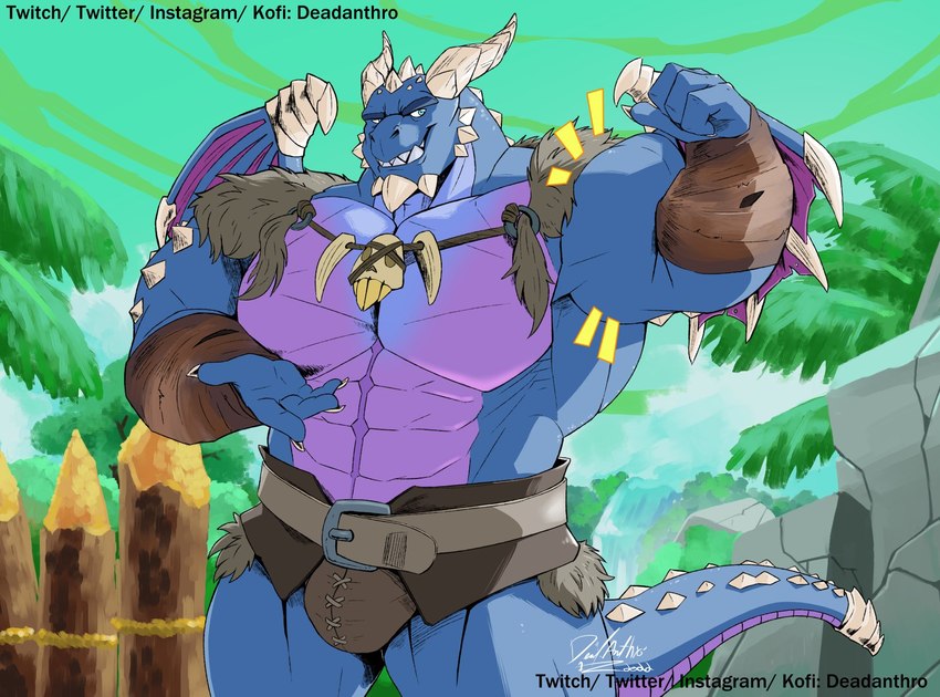 abs anthro arm_wraps armor barazoku belt biceps big_muscles blue_body bulge cape claws clothed clothing cloud day detailed_background emanata eyebrows fence flexing horn huge_muscles leaf looking_at_viewer male muscular muscular_anthro muscular_male narrowed_eyes obliques outside pecs plant rock sharp_teeth sky smile smirk solo standing tail teeth text thick_thighs tree unconvincing_armor wings wraps deadanthro activision mythology spyro_reignited_trilogy spyro_the_dragon bubba_(spyro) rescued_dragons_(spyro) dragon mythological_creature mythological_scalie scalie 2022 hi_res signature url