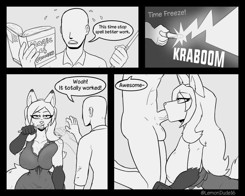 4_panel_comic anthro anthro_penetrated areola balls biped book breast_squish breasts cleavage clothed clothing dialogue duo fellatio female female_penetrated forced fur genitals hair human_on_anthro human_penetrating human_penetrating_anthro interspecies magic magic_wand male male/female male_on_anthro male_penetrating male_penetrating_anthro male_penetrating_female nipples nude oral oral_penetration penetration penile penis penis_in_mouth rape reading reading_book sex simple_background speech_bubble spell spellcasting squish text time_stop translucent translucent_clothing vein veiny_penis lemondude princess_(lemondude) canid canine canis fox human mammal 2022 5:4 comic english_text hi_res monochrome