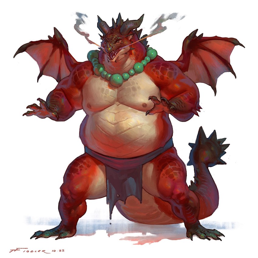 anthro belly bottomwear claws clothed clothing collar green_collar loincloth loincloth_only male muscular muscular_anthro muscular_male nipples overweight overweight_anthro overweight_male red_body red_scales scales sharp_teeth simple_background solo spiked_tail spikes spikes_(anatomy) steam steamy_breath tail teeth topless white_background white_body white_scales wings taran_fiddler mythology weretober dragon mythological_creature mythological_scalie scalie werecreature weredragon 1:1 hi_res