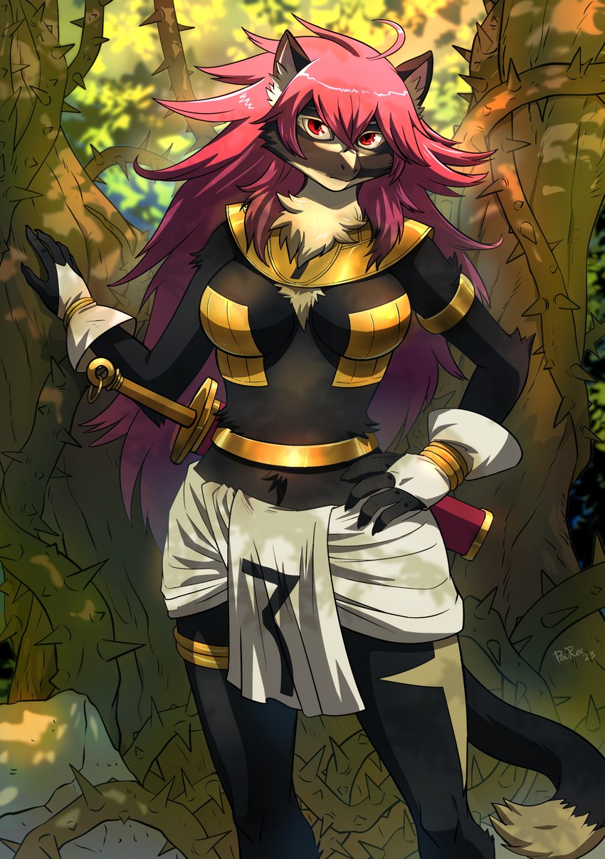 anthro armlet black_body black_fur clothing female forest fur fur_markings hair jewelry leg_markings long_hair long_tail markings multicolored_body multicolored_fur pink_hair plant red_eyes solo tail thigh_markings thin_tail thorns tree two_tone_body two_tone_fur white_body white_fur powree king_of_thorn zeus_female felid feline mammal zeus_genus 2023 digital_media_(artwork) hi_res signature