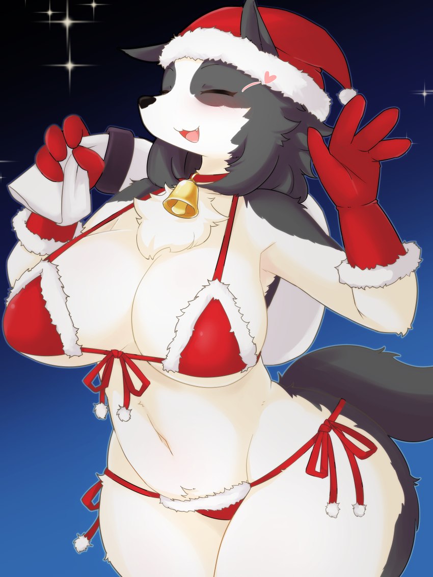 anthro bell bell_collar big_breasts bikini bikini_bottom bikini_top black_body black_fur blush breasts christmas_bikini christmas_clothing christmas_headwear clothed clothing collar cowbell crotch_tuft curvy_figure cute_fangs eyes_closed fangs female female_anthro front-tie_bikini front-tie_clothing front-tie_swimwear fur gradient_background hat headgear headwear heart_symbol holidays kemono midriff multicolored_body multicolored_fur navel night open_mouth open_smile pink_blush red_collar santa_hat side-tie_bikini side-tie_clothing side-tie_swimwear simple_background skimpy_bikini skimpy_swimwear sky smile snout solo star starry_sky string_bikini swimwear teeth triangle_bikini tuft two-piece_swimsuit two_tone_body two_tone_fur under_boob white_body white_fur wide_hips takeshi_kemo christmas bodako_(takeshi_kemo) canid canine canis domestic_dog mammal wolf 2021 3:4 hi_res