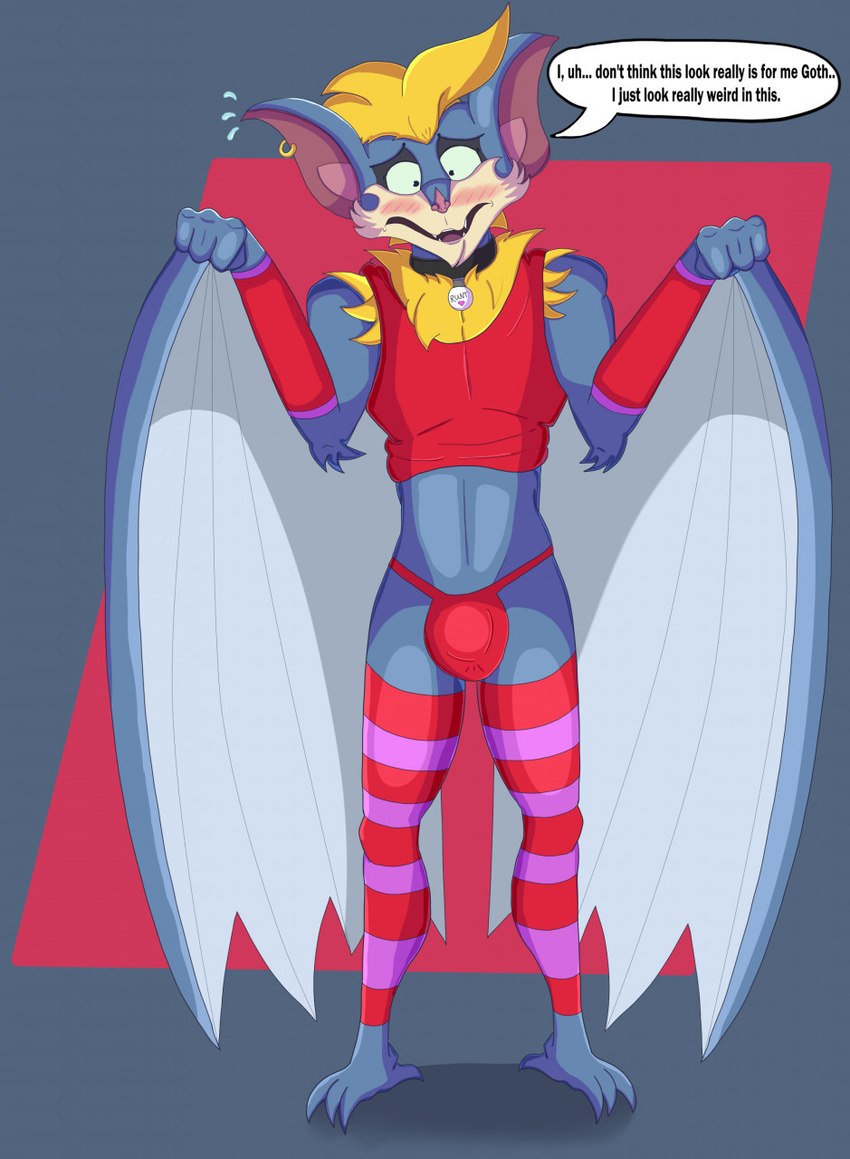 anthro armwear bat_wings blush bulge clothing detailed_bulge femboy jewelry legwear male membrane_(anatomy) membranous_wings necklace solo stockings talking_to_another talking_to_partner text topwear wings rougetenjoname silverwing_(series) shade_silverwing bat mammal 2021 english_text hi_res