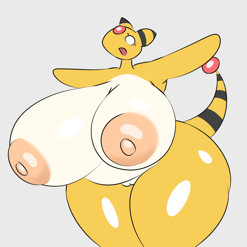 anthro areola big_breasts biped blush blush_lines breasts countershading eyelashes female front_view genitals grey_background huge_breasts huge_hips huge_thighs markings multicolored_body multicolored_ears nipples nude nude_female o_o open_mouth simple_background solo striped_markings stripes tail thick_thighs vulva wide_hips yellow_body tha_randomu nintendo pokemon ampharos generation_2_pokemon pokemon_(species) 1:1 2026 digital_drawing_(artwork) digital_media_(artwork) hi_res