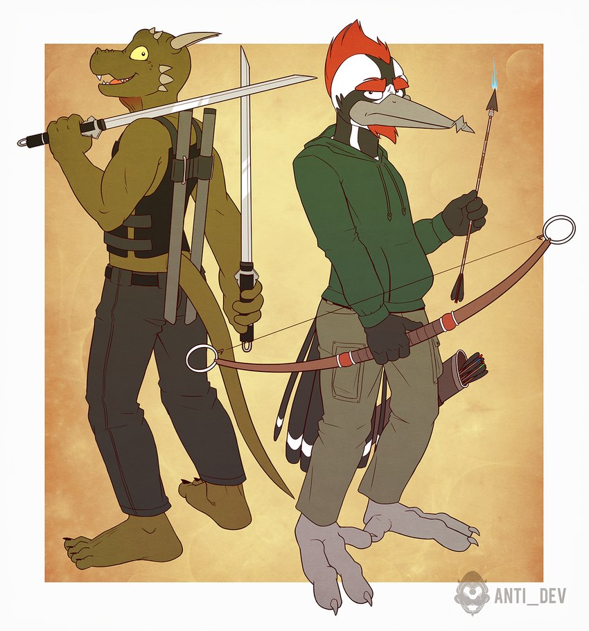 3_toes 4_fingers 4_toes anthro avian_feet back_to_back beak beard biped black_body black_feathers bow_(weapon) clothing dual_wielding duo facial_hair feathers feet fingers green_body green_clothing green_scales green_sweater green_topwear grey_beak grumpy holding_arrow holding_melee_weapon holding_object holding_sword holding_weapon looking_at_viewer looking_back looking_back_at_viewer male melee_weapon open_mouth open_smile plantigrade quiver_(object) ranged_weapon rear_view red_beard red_facial_hair red_feather_hair scales smile spikes spikes_(anatomy) sweater sword sword_sheath tail tail_feathers toes topwear weapon yellow_sclera anti_dev crew_(anti_dev) whitaker_(anti_dev) avian bird lizard picid pileated_woodpecker reptile scalie woodpecker 2014 hi_res