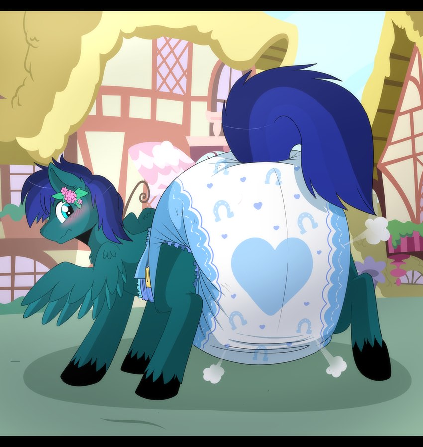 accessory big_diaper black_bars blue_diaper blue_eyes blue_hair blush clothed clothing diaper feral flower flower_in_hair green_body hair hair_accessory heart_symbol hooves male plant ponyville poofy_diaper quadruped wearing_diaper wings jupiters hasbro my_little_pony mythology fan_character equid equine mammal mythological_creature mythological_equine pegasus hi_res letterbox