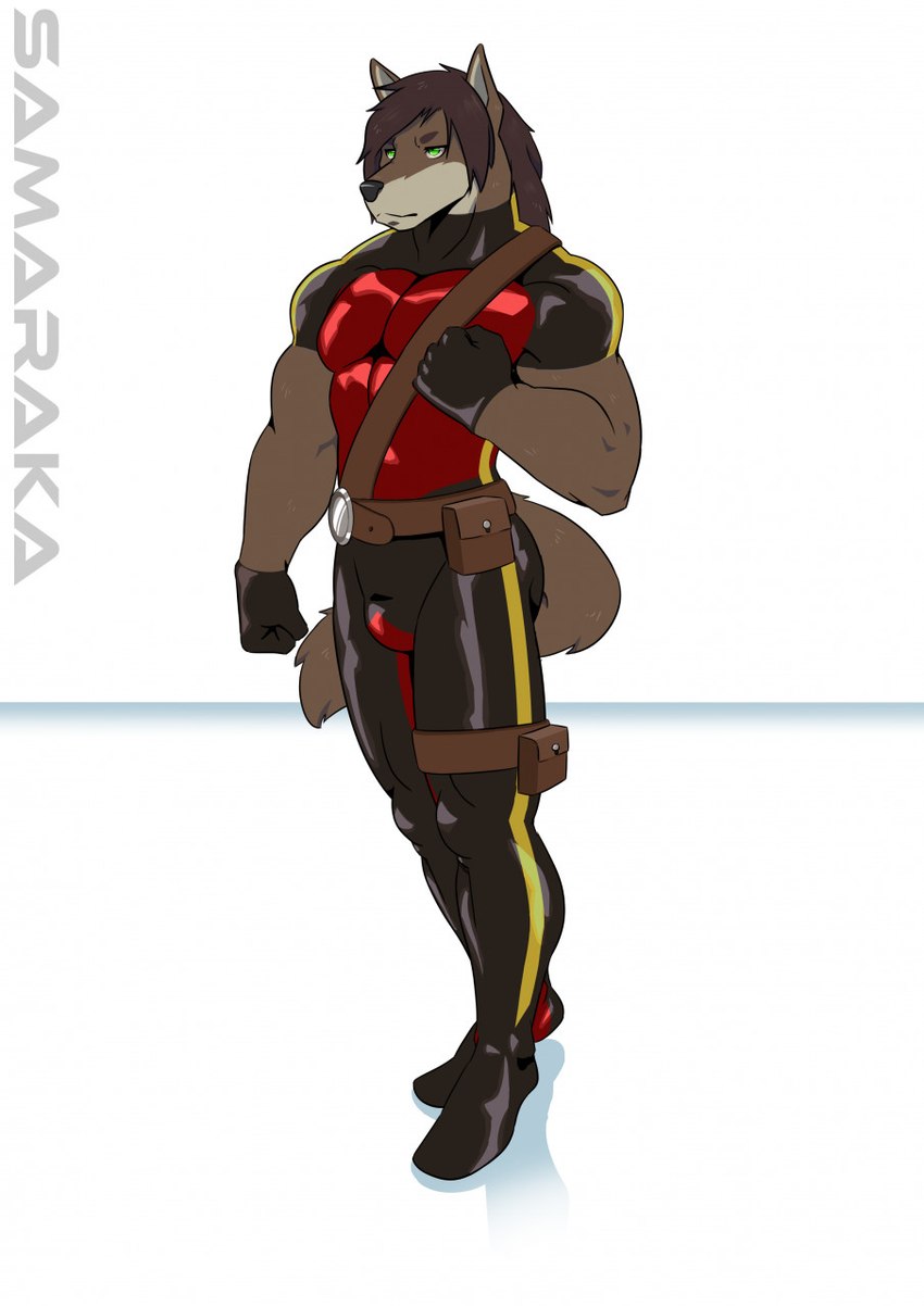 anthro belt brown_hair fluffy fluffy_tail green_eyes hair hero latex long_hair male muscular pouches shoulder_harness solo tail thigh_pouch samaraka kieran canid canine canis mammal wolf hi_res